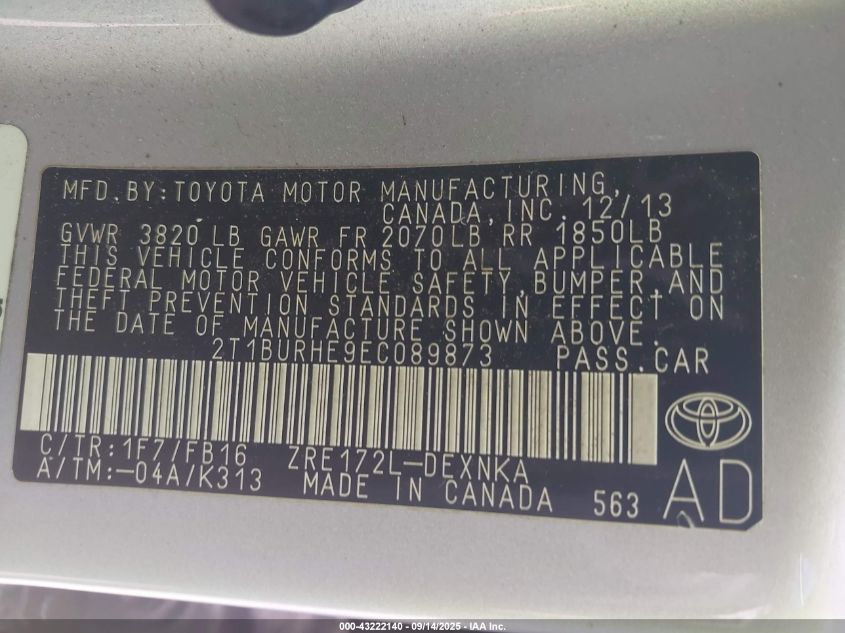 2014 TOYOTA COROLLA LE - 2T1BURHE9EC089873