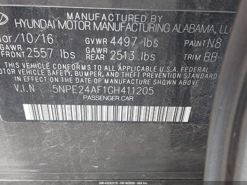 2016 Hyundai Sonata VIN: 5NPE24AF1GH411205 Lot: 43222175