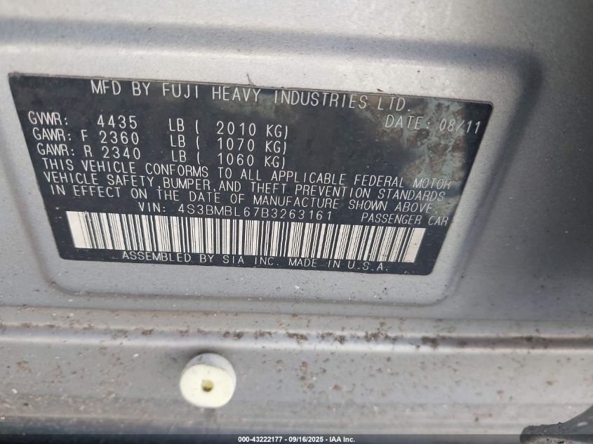 2011 Subaru Legacy 2.5I Limited VIN: 4S3BMBL67B3263161 Lot: 43222177