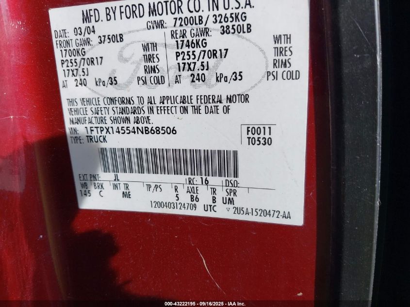 2004 Ford F-150 Fx4/Lariat/Xl/Xlt VIN: 1FTPX14554NB68506 Lot: 43222195