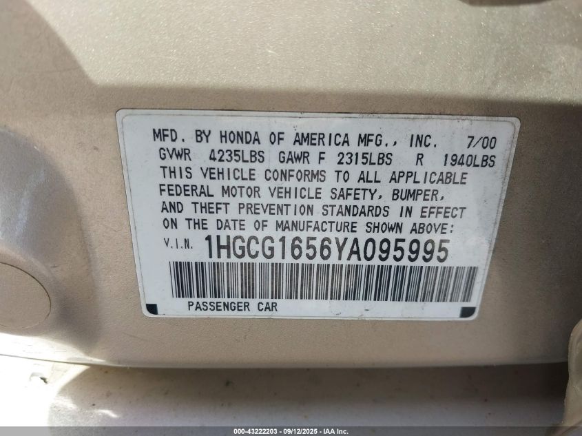 2000 Honda Accord 3.0 Ex VIN: 1HGCG1656YA095995 Lot: 43222203