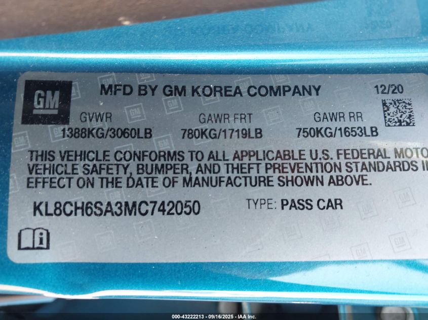 2021 Chevrolet Spark Fwd Activ Automatic VIN: KL8CH6SA3MC742050 Lot: 43222213