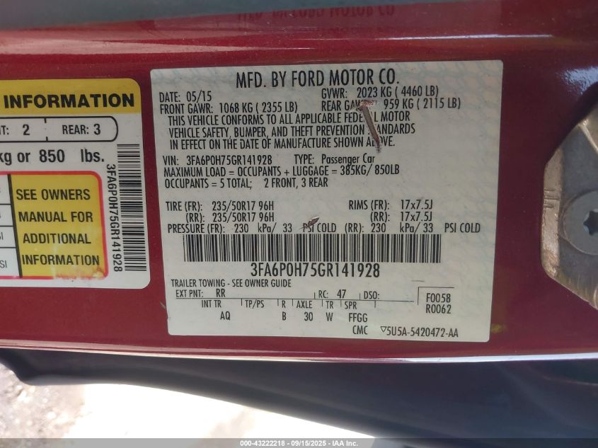 2016 Ford Fusion Se VIN: 3FA6P0H75GR141928 Lot: 43222218