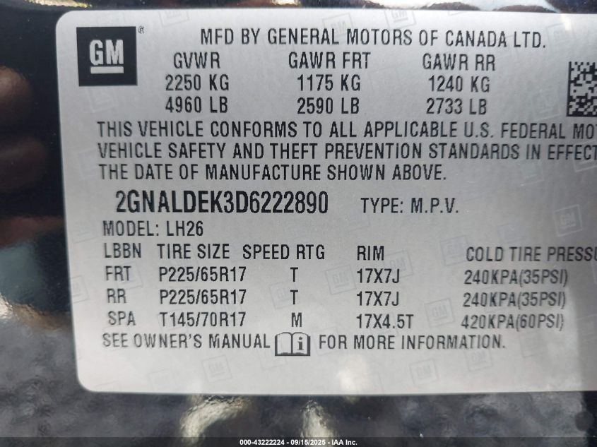 2013 Chevrolet Equinox 1Lt VIN: 2GNALDEK3D6222890 Lot: 43222224