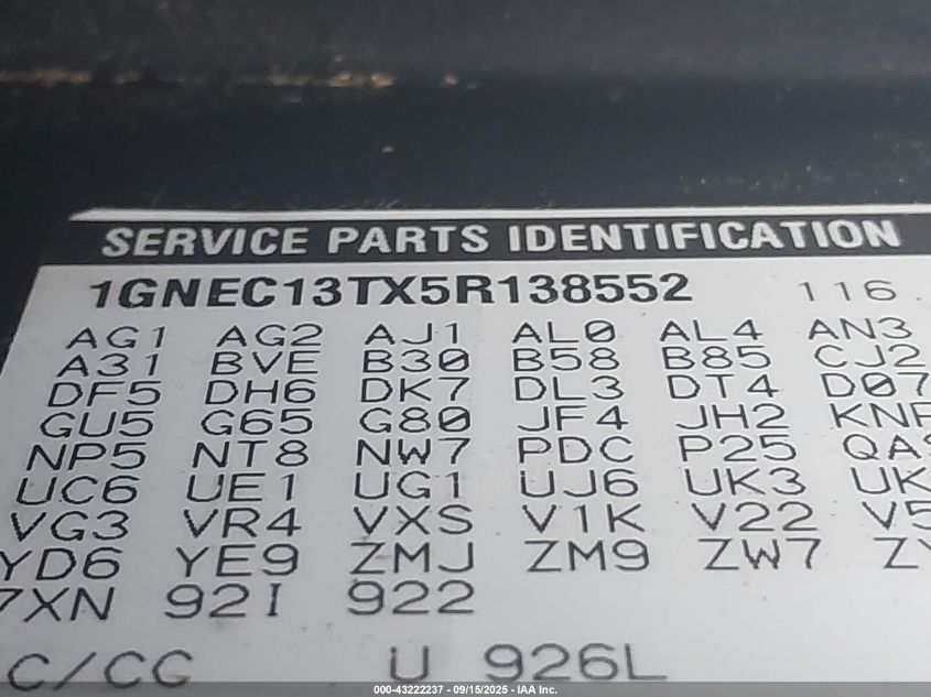 2005 Chevrolet Tahoe Lt VIN: 1GNEC13TX5R138552 Lot: 43222237