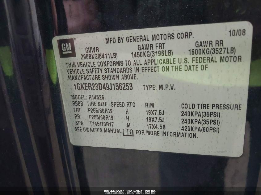 2009 GMC Acadia Slt-1 VIN: 1GKER23D49J156253 Lot: 43222257