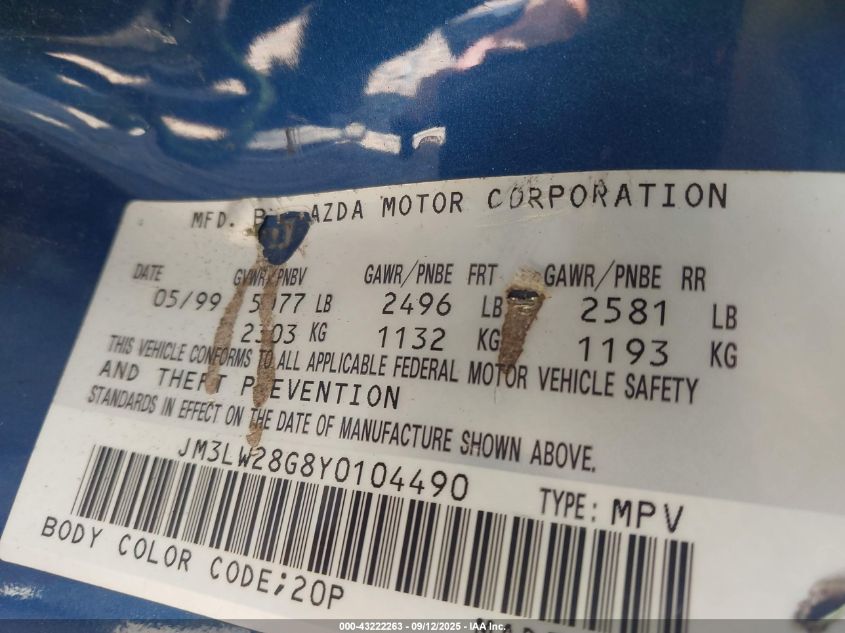 2000 Mazda Mpv Dx/Es/Lx VIN: JM3LW28G8Y0104490 Lot: 43222263