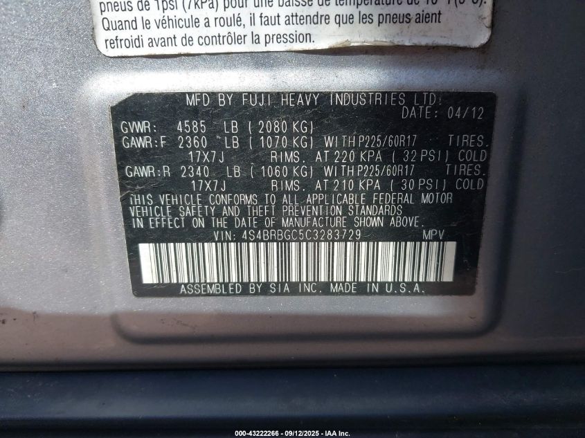 2012 Subaru Outback 2.5I Premium VIN: 4S4BRBGC5C3283729 Lot: 43222266