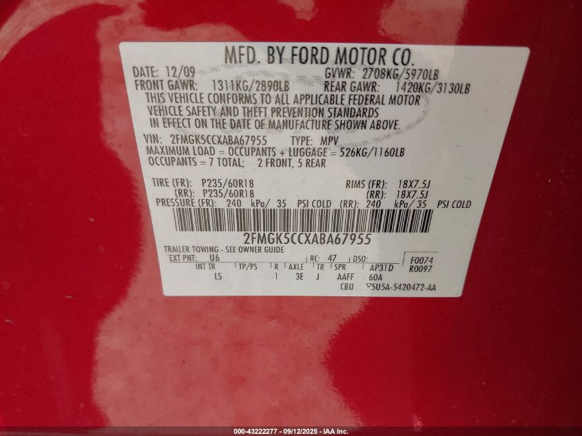 2010 Ford Flex Sel VIN: 2FMGK5CCXABA67955 Lot: 43222277