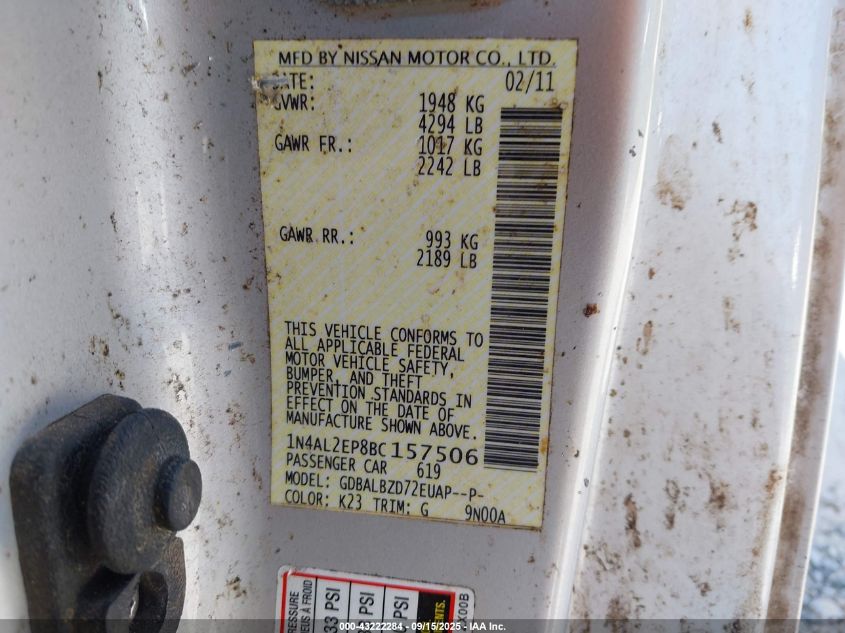 2011 Nissan Altima 2.5 S VIN: 1N4AL2EP8BC157506 Lot: 43222284