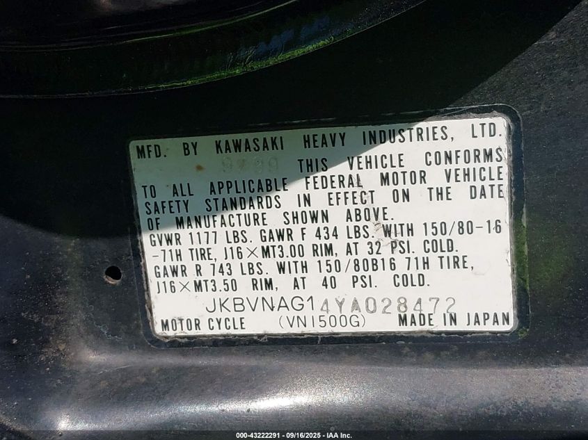 2000 Kawasaki Vn1500 G VIN: JKBVNAG14YA028472 Lot: 43222291