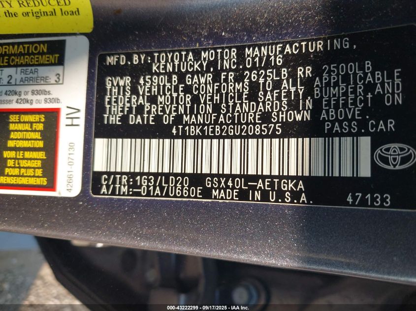 2016 Toyota Avalon Xle VIN: 4T1BK1EB2GU208575 Lot: 43222299
