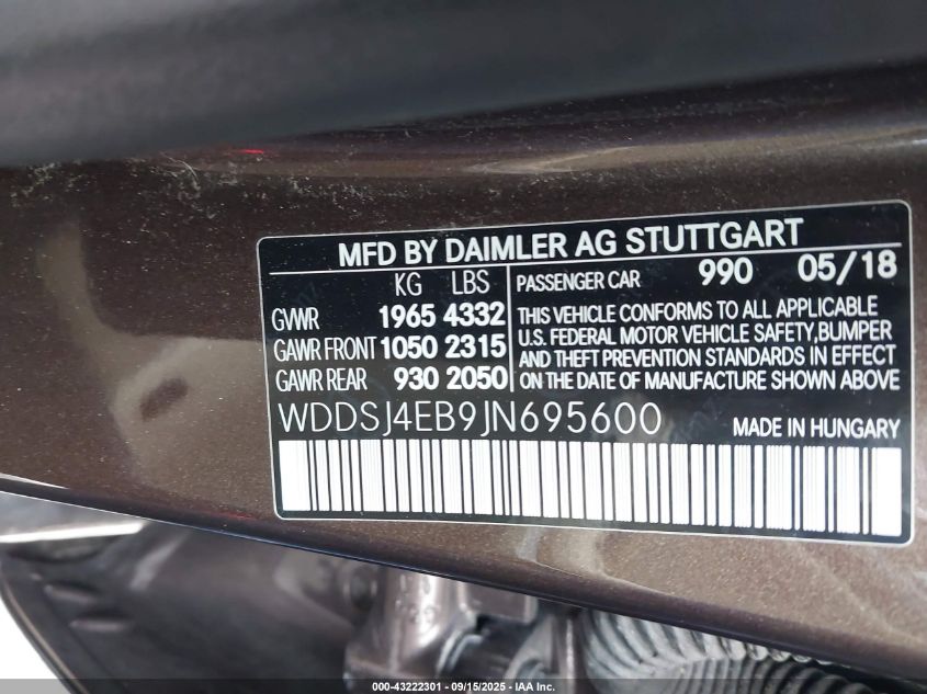 2018 Mercedes-Benz Cla 250 VIN: WDDSJ4EB9JN695600 Lot: 43222301