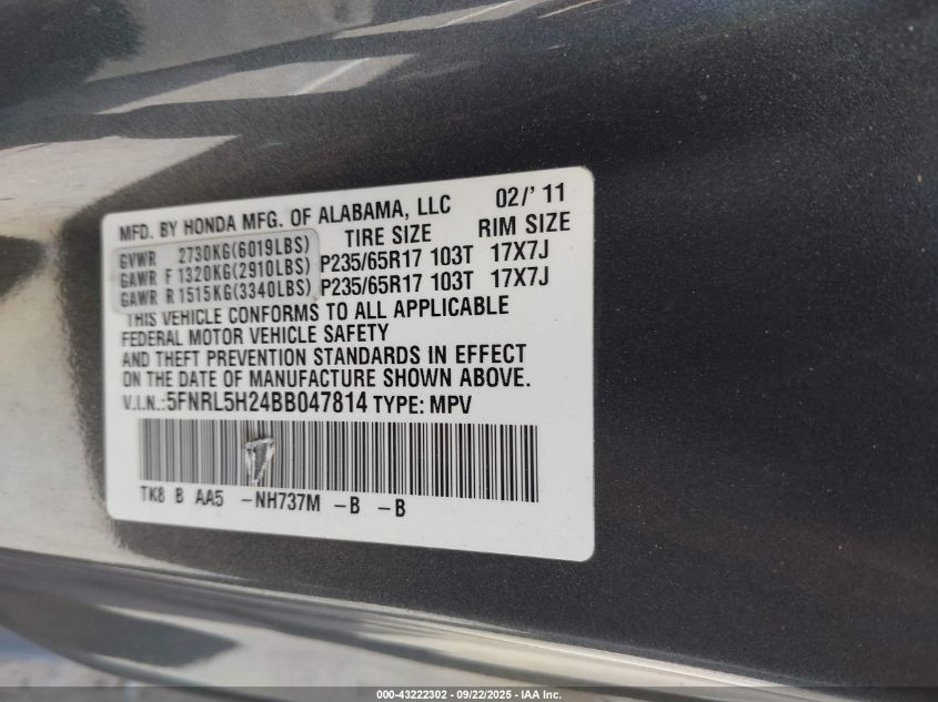 2011 Honda Odyssey Lx VIN: 5FNRL5H24BB047814 Lot: 43222302