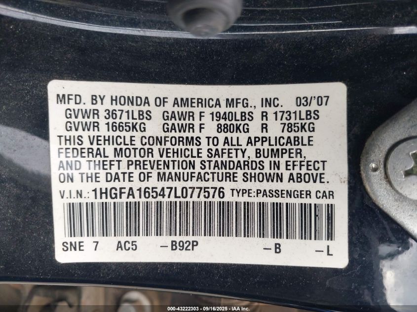2007 Honda Civic Lx VIN: 1HGFA16547L077576 Lot: 43222303