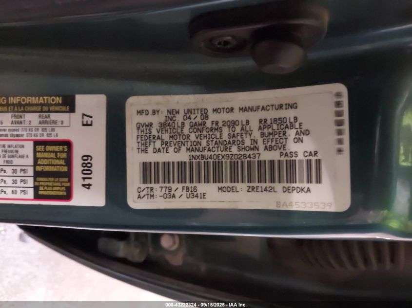 2009 Toyota Corolla Le VIN: 1NXBU40EX9Z028437 Lot: 43222324