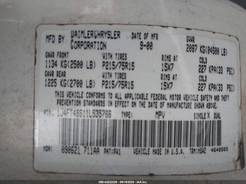 2001 Jeep Cherokee Sport VIN: 1J4FT48S11L535766 Lot: 43222328