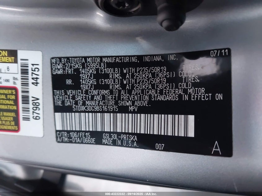 2011 Toyota Sienna Se VIN: 5TDXK3DC9BS161915 Lot: 43222332