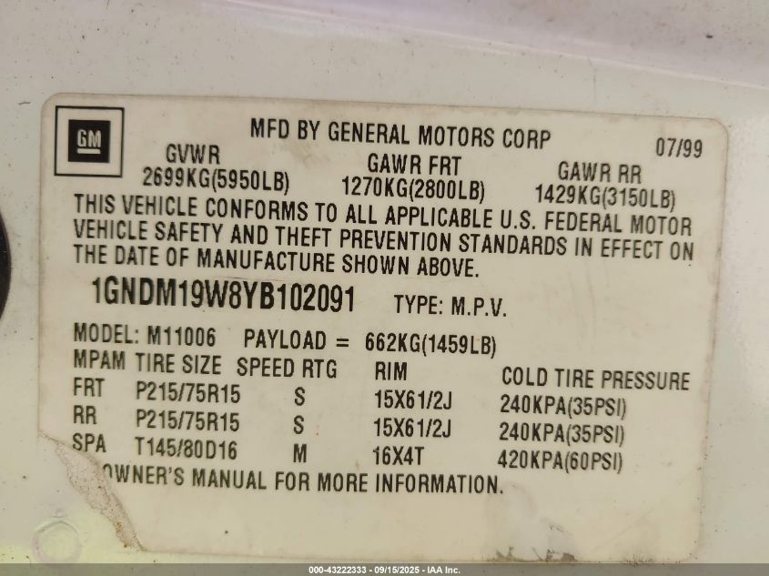 2000 Chevrolet Astro VIN: 1GNDM19W8YB102091 Lot: 43222333