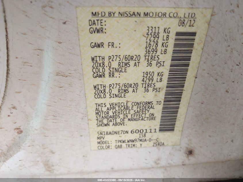 2013 Nissan Armada Platinum VIN: 5N1BA0NE7DN600111 Lot: 43222368