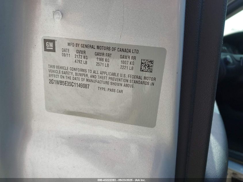 2012 Chevrolet Impala Lt VIN: 2G1WB5E35C1149087 Lot: 43222393