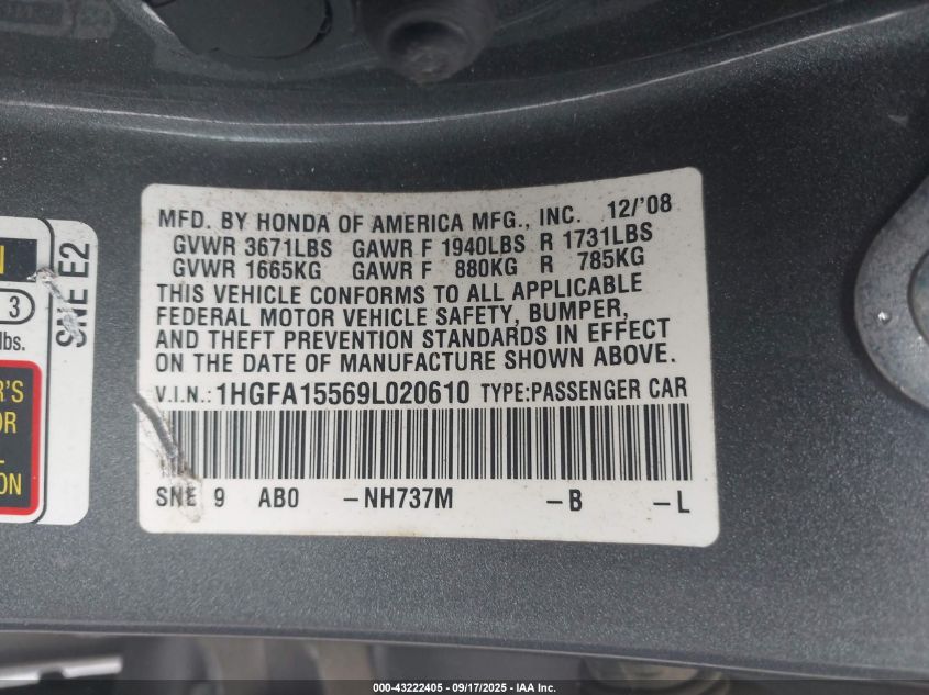 2009 Honda Civic Lx VIN: 1HGFA15569L020610 Lot: 43222405