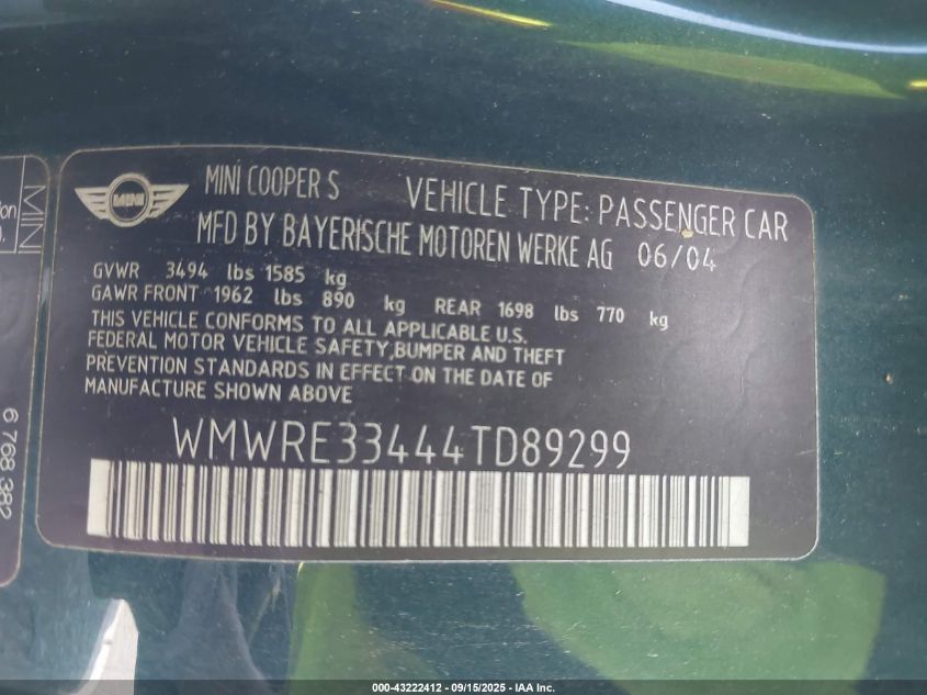 2004 Mini Cooper S VIN: WMWRE33444TD89299 Lot: 43222412