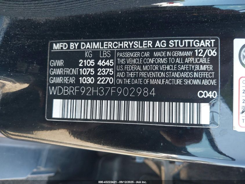 2007 Mercedes-Benz C 280 Luxury 4Matic VIN: WDBRF92H37F902984 Lot: 43222421