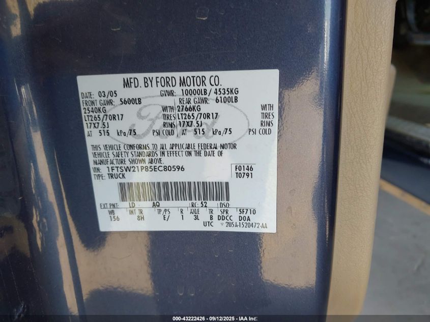 2005 Ford F-250 Lariat/Xl/Xlt VIN: 1FTSW21P85EC80596 Lot: 43222426