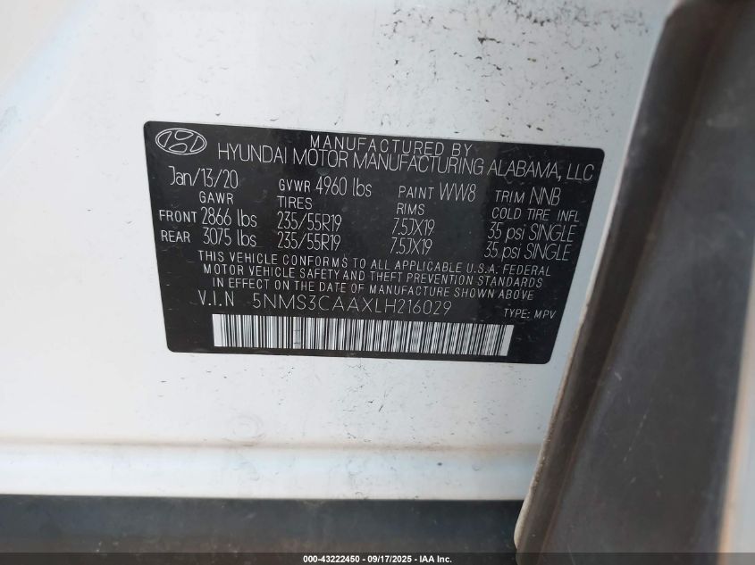 2020 Hyundai Santa Fe Sel 2.0T VIN: 5NMS3CAAXLH216029 Lot: 43222450