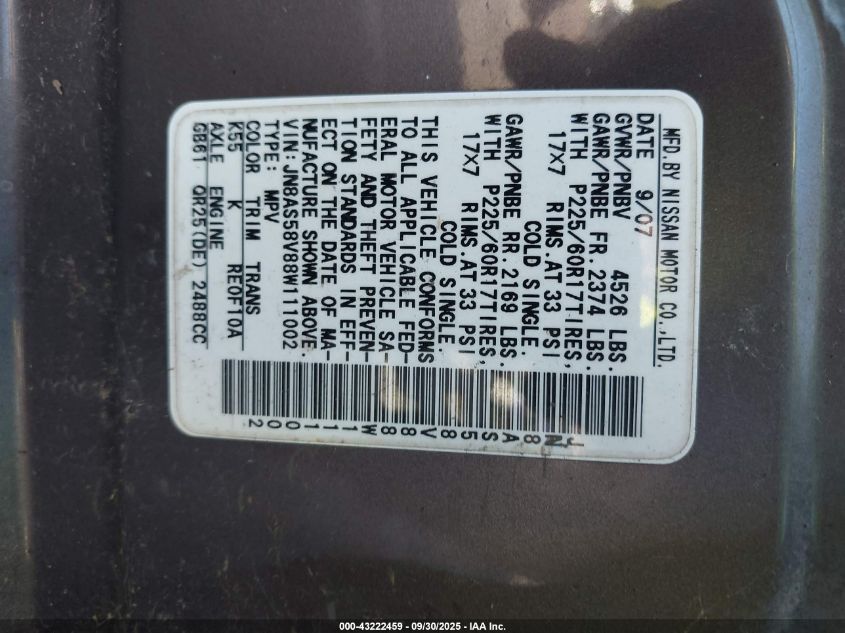 2008 Nissan Rogue Sl VIN: JN8AS58V88W111002 Lot: 43222459