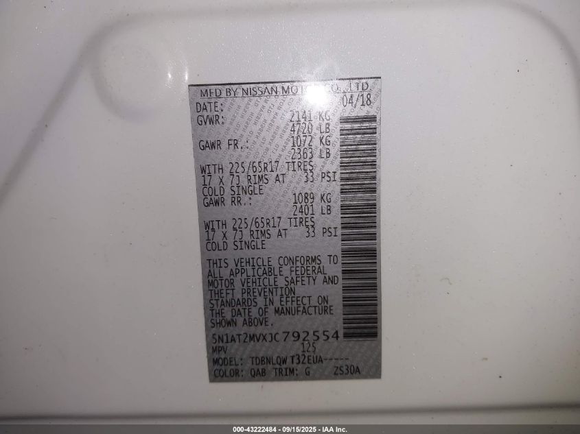 2018 Nissan Rogue Sv VIN: 5N1AT2MVXJC792554 Lot: 43222484