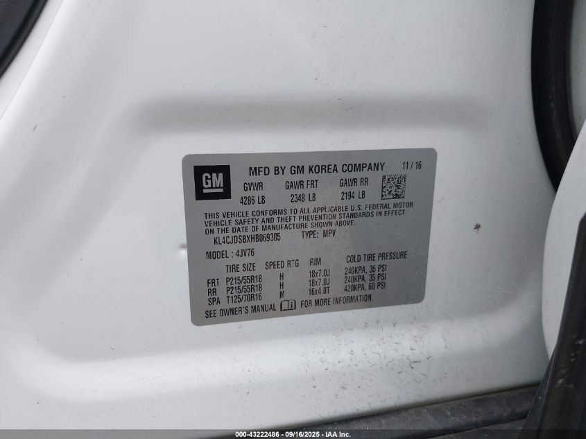 2017 Buick Encore Premium VIN: KL4CJDSBXHB069305 Lot: 43222486