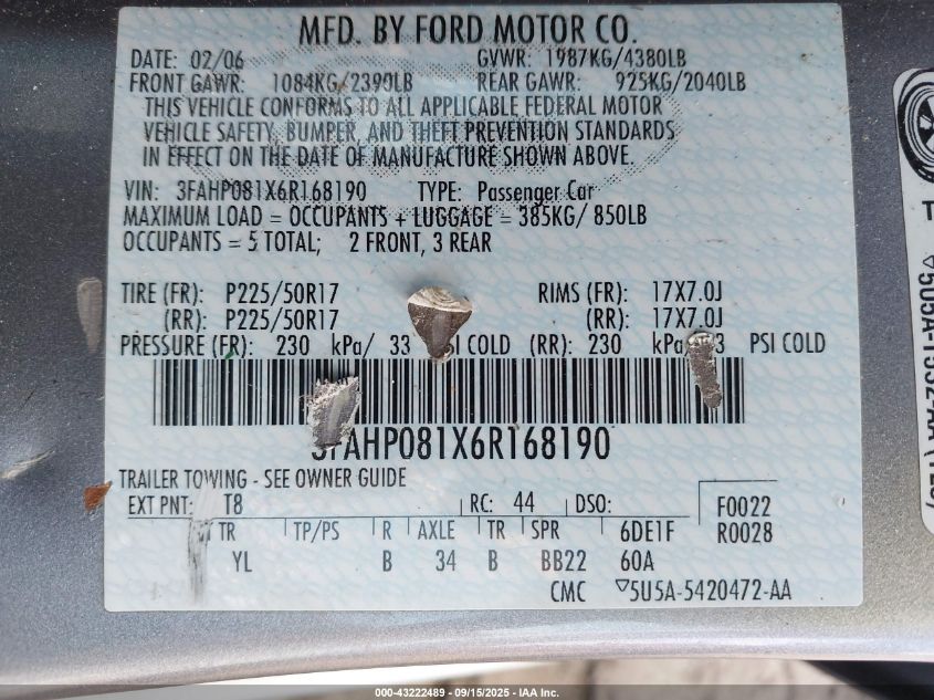 2006 Ford Fusion Sel VIN: 3FAHP081X6R168190 Lot: 43222489