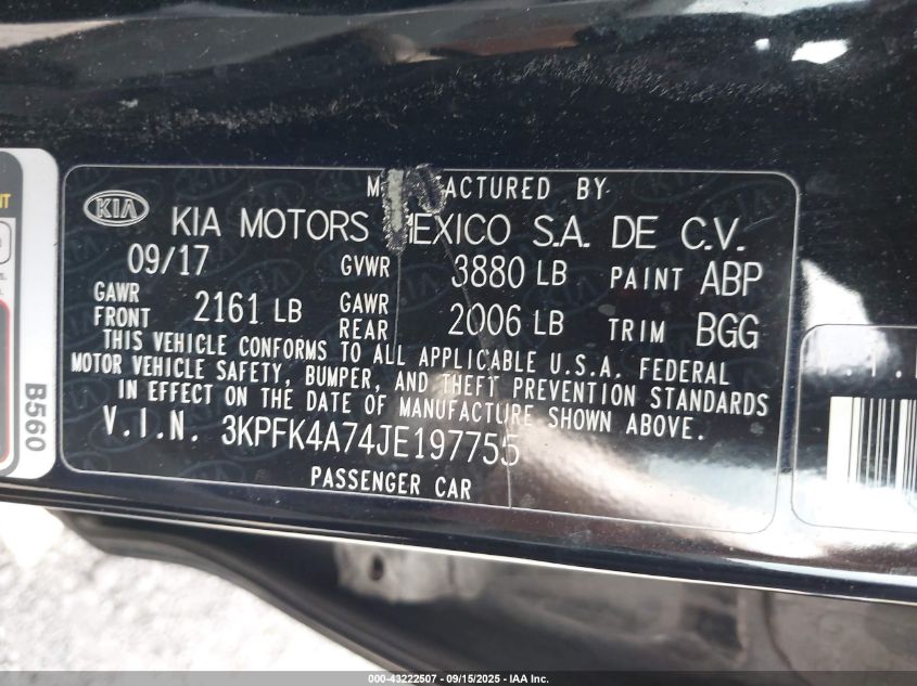 2018 Kia Forte Lx VIN: 3KPFK4A74JE197755 Lot: 43222507