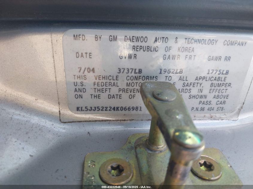2004 Suzuki Forenza Ex/Lx VIN: KL5JJ52Z24K066981 Lot: 43222546