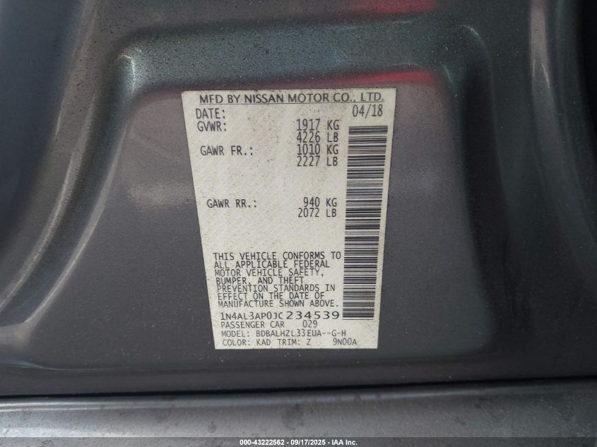 2018 Nissan Altima 2.5 Sr VIN: 1N4AL3AP0JC234539 Lot: 43222562