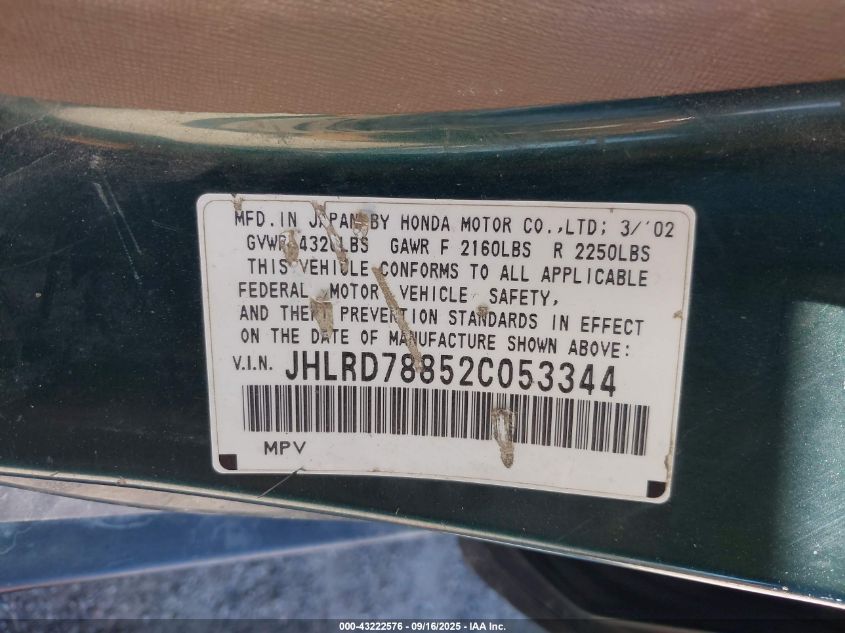 2002 Honda Cr-V Ex VIN: JHLRD78852C053344 Lot: 43222576