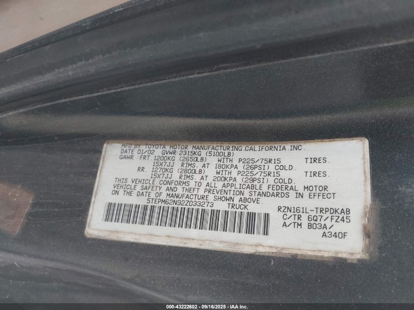 2002 Toyota Tacoma VIN: 5TEPM62N92Z033273 Lot: 43222602