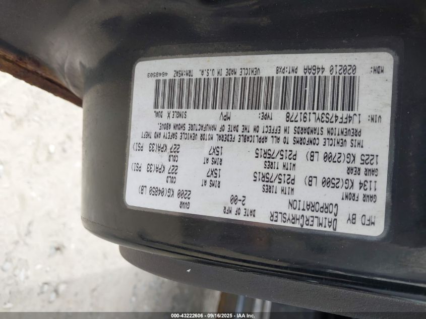 2000 Jeep Cherokee Sport VIN: 1J4FF47S3YL191778 Lot: 43222606