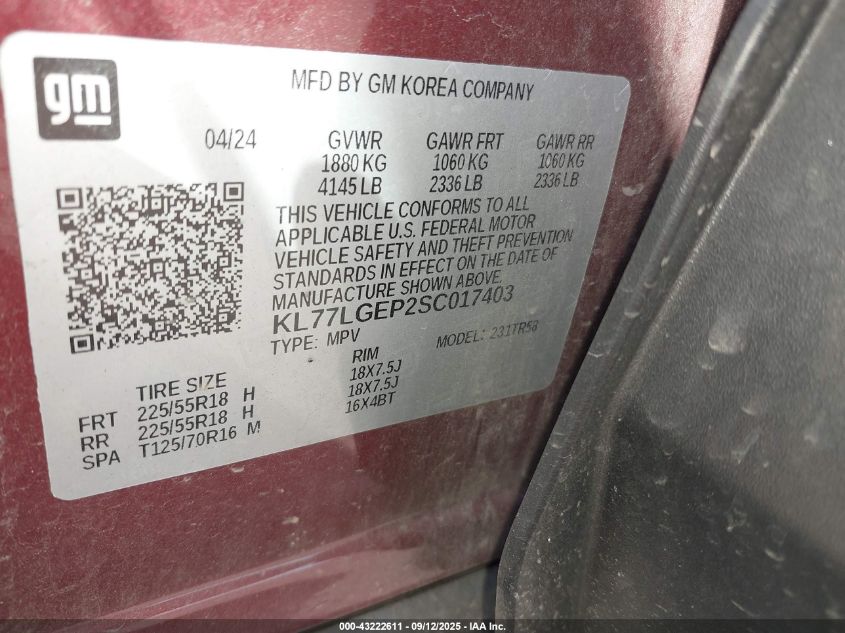 2025 Chevrolet Trax Fwd 1Rs VIN: KL77LGEP2SC017403 Lot: 43222611