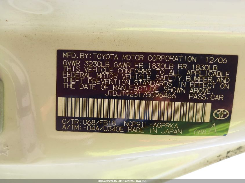 2007 Toyota Yaris VIN: JTDJT923175096466 Lot: 43222615