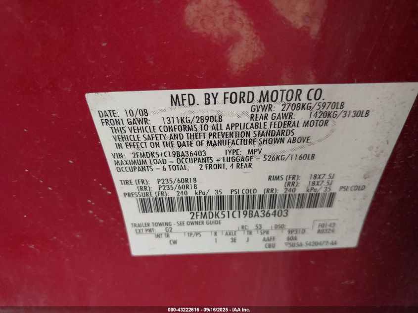 2009 Ford Flex Se VIN: 2FMDK51C19BA36403 Lot: 43222616