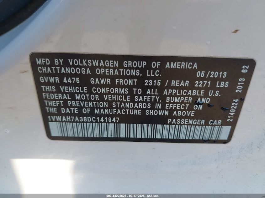 2013 Volkswagen Passat 2.5L Wolfsburg Edition VIN: 1VWAH7A38DC141947 Lot: 43222625