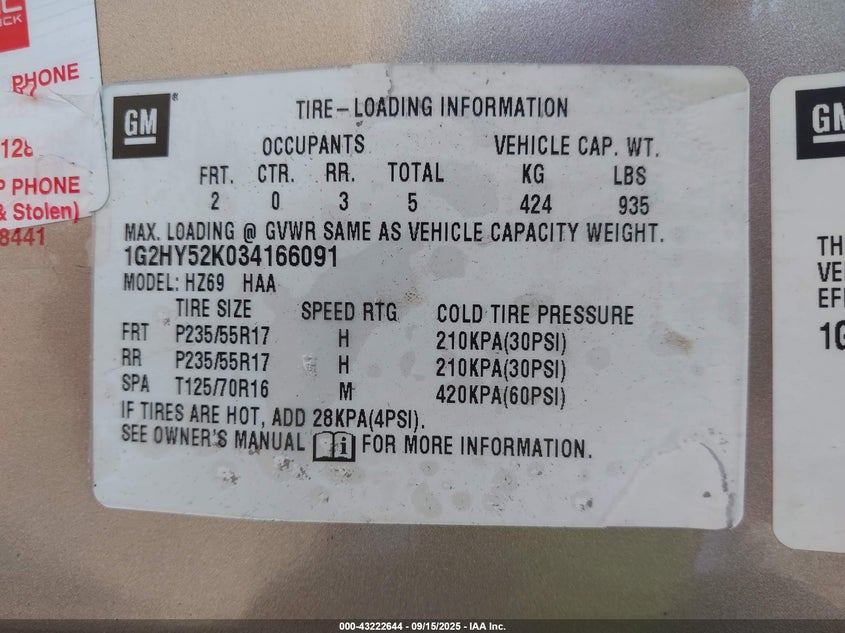 2003 Pontiac Bonneville Sle VIN: 1G2HY52K034166091 Lot: 43222644