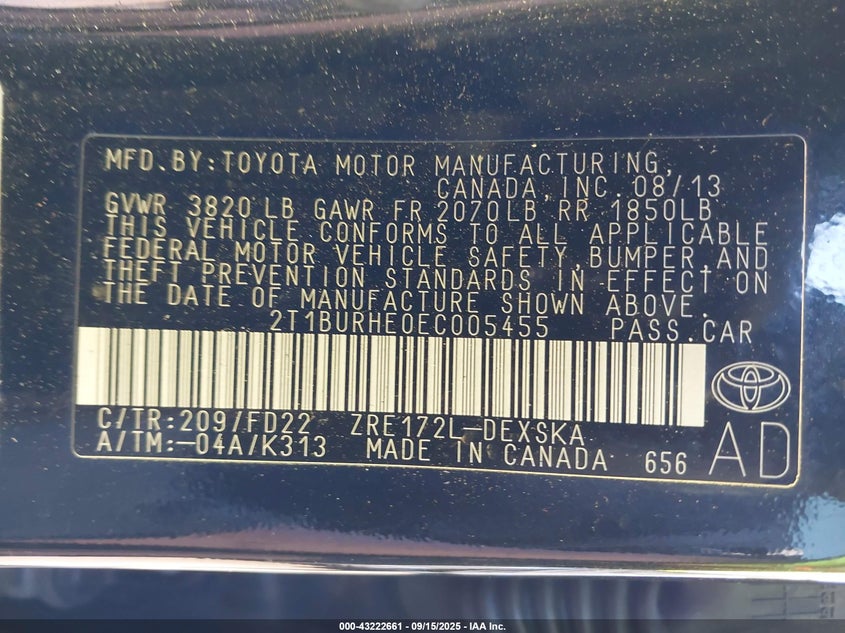 2014 Toyota Corolla S Plus VIN: 2T1BURHE0EC005455 Lot: 43222661