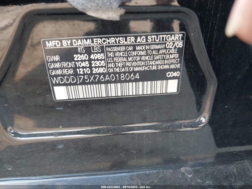 2006 Mercedes-Benz Cls 500 VIN: WDDDJ75X76A018064 Lot: 43222662