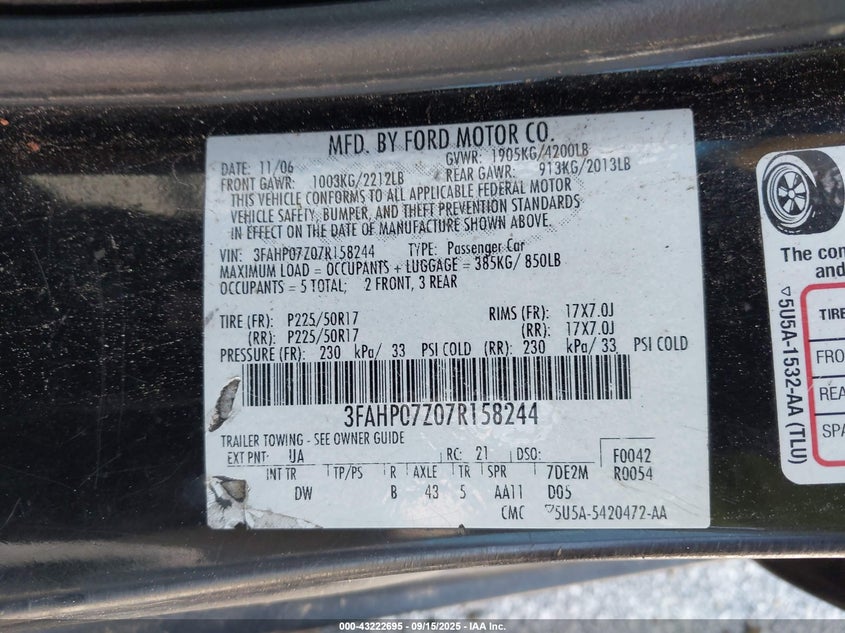 2007 Ford Fusion Se VIN: 3FAHP07Z07R158244 Lot: 43222695