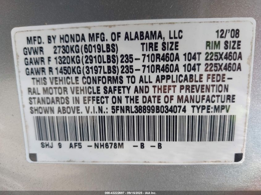 2009 Honda Odyssey Touring VIN: 5FNRL38899B034074 Lot: 43222697