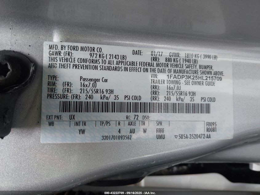 2017 Ford Focus Se VIN: 1FADP3K25HL215709 Lot: 43222709
